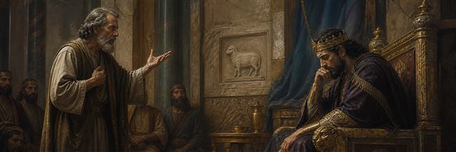 Nathan confronting a convicted David beside a carved image of a lamb
